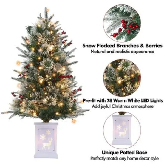 3ft Small Christmas Tree Pre-Lit Artificial Christmas Tree with 78 Led Lights, Snow Flocked Xmas Tree w/Base, Timer Function, Battery Operated image {4}