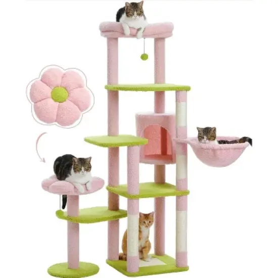 QuestaPack 59" Flower Cat Tree, Scratching Post, and 2 Perches, Pink image {6}