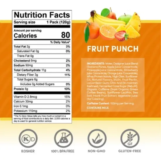Designer Wellness Energy Smoothie, Real Fruit, 100mg Natural Caffeine, 5g Protein, Low Carb, Zero Added Sugar, Gluten-Free, Fruit Punch, 12 Count image {5}