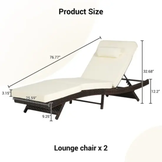 Outdoor Chaise Lounge Chair Set of 2, Wicker Reclining Lounge with Adjustable Backrest & Cushion, Sunbathing Chair for Patio Pool Garden image {2}