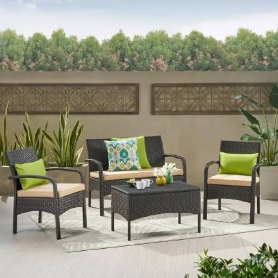 Cordoba 4pc Wicker Patio Chat Set with Cushions - Christopher Knight Home image {6}