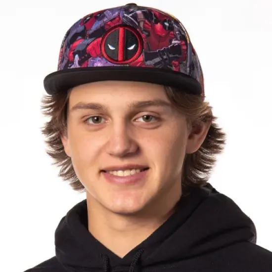 Marvel Comics Deadpool Allover Sublimated Scenes Design Adult Adjustable Snapback Hat Baseball Cap OSFM Multicolored image {1}