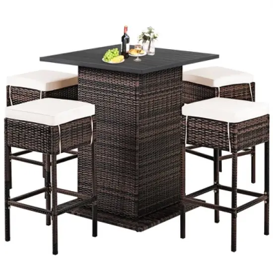 Costway Patio 5PCS Rattan Bar Table Stool Set Hidden Storage Shelf Cushioned image {8}