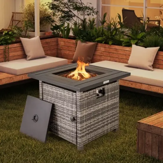Tangkula 29" Propane Rattan Firepit Table w/ Lava Rocks & Protective Cover Metal Frame image {1}