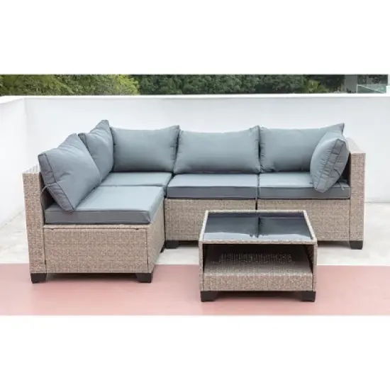 FIONECA 5-Piece Outdoor Wicker Sectional Sofa Set with Water-Resistant Grey Cushions image {5}