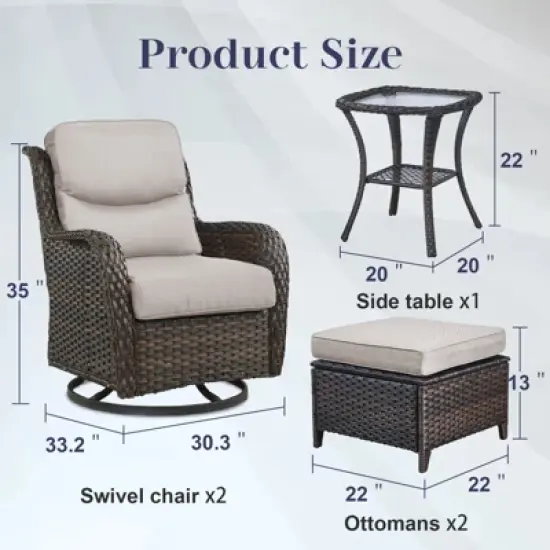 Belord 5 Piece Patio Furniture Set with Swivel Chairs and Ottomans, High Back Deep Seat Cushioned Wicker Swivel Patio Chairs Set of 2 with Ottoman image {6}