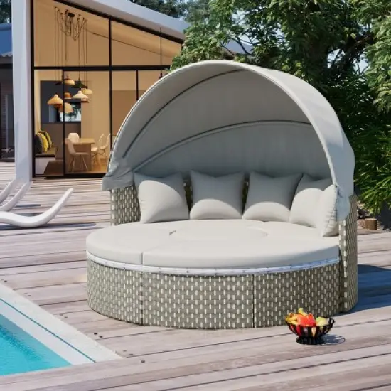 Round Two-Tone Rattan Weave Daybed Sunbed,Outdoor Patio Fabric Upholstered Sectional Sofa,Pool Chaise Lounge with Retractable Canopy-Coolbibila image {8}