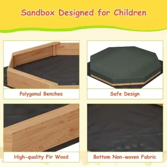 Large Octagonal Wooden Sandbox &ndash; Kids Outdoor Sandpit with Cover, 4 Benches & Drainage Liner for Backyard, Ages 4+ image {3}