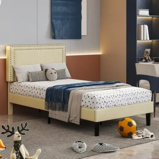 VECELO Velvet Upholstered Platform Bed Frame with Adjustable Headboard, Sturdy Wood Slats & Metal Support, No Box Spring Needed, Twin/Full/Queen Size image {1}