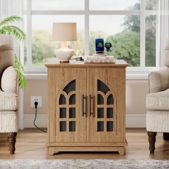 Tribesigns Nightstand with Charging Station & Light, 23.6" Square Night Stand Wooden Bedside Table with Outlet, End Table with Storage, Brown image {6}