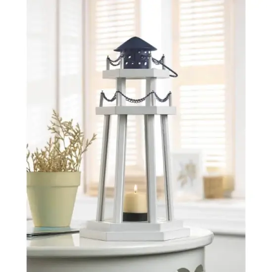 12" Iron/Wooden Lighthouse Point Outdoor Lantern White - Zingz & Thingz: Glass Panes, Galvanized Metal Top image {1}