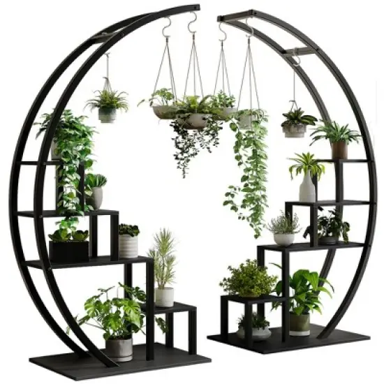 5 Tier Metal Plant Stand, Half-Moon Shape Plant Rack With Hanging Hooks, Tall Plant Holder for Home Decor, Garden, Balcony image {7}