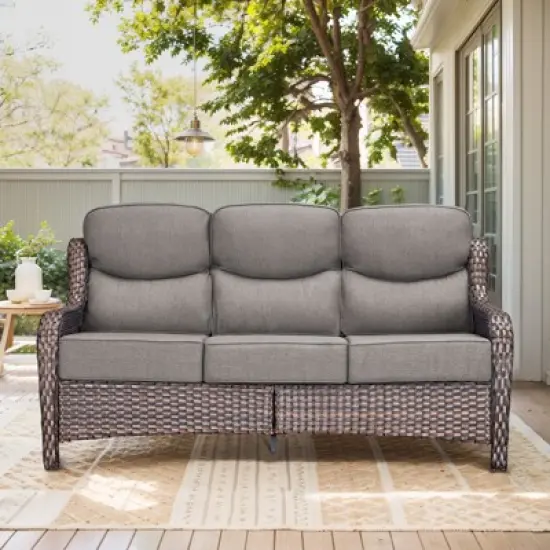 Buenhomino Patio Sofa 3-Seat Wicker Couch with 6" Thick Cushion - Outdoor Furniture Rattan Sofa with High Back for Garden Porch Sunroom image {9}