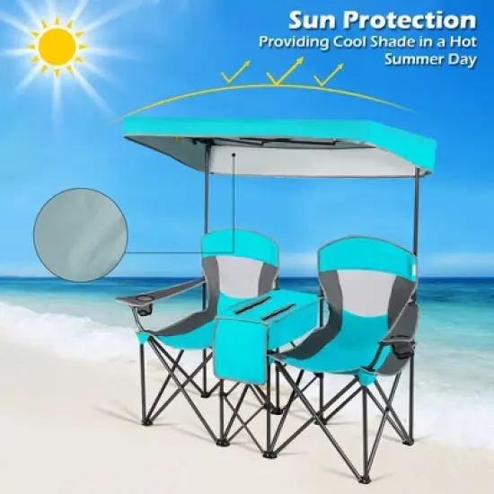 Costway Portable Folding Camping Canopy Chairs w/ Cup Holder Cooler Outdoor Turquoise image {3}
