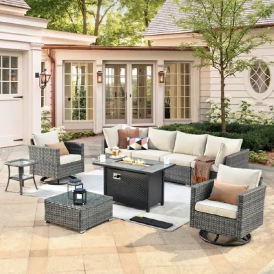 Ovios Venice 9pc Wicker Outdoor Patio Furniture Set Conversation Sofa with a Metal Fire Pit, Swivel Chairs and Cushions image {16}