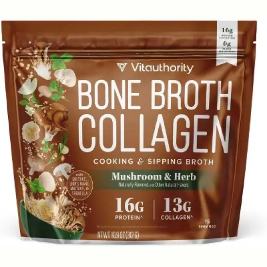 Bone Broth Collagen, Protein & Collagen Supplement for Joints, Skin, & Gut Health, Mushroom Bone Broth, Beef Bone Broth, Vitauthority, 15 Servings image {2}