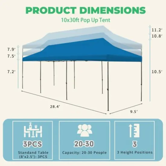 EROMMY 30 Ft. W x 10 Ft. D Steel Pop-up Canopy image {4}
