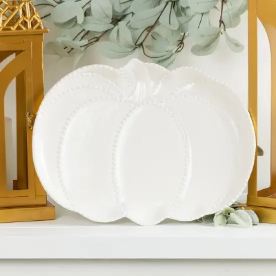 Transpac Dolomite 13 in. White Harvest Pumpkin Hobnail Platter image {1}