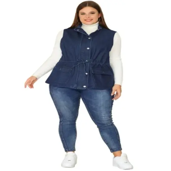 Agnes Orinda Women's Plus Size Utility Anorak Cargo Drawstring Jean Denim Jacket Vest image {2}