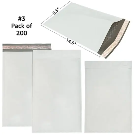 UOFFICE Pack of 200 Poly Bubble Mailer Bags 8.5"x14.5" #3 White Self-Sealing Envelopes image {1}