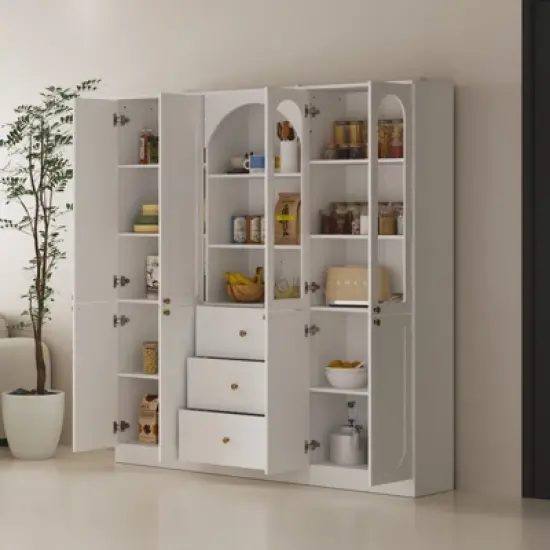 Famapy White Farmhouse Kitchen Pantry with Arch & Glass Doors,Large Capacity Kitchen Storage Hutch,Multi - Drawer Kitchen Organizer,Display Cabinet image {3}