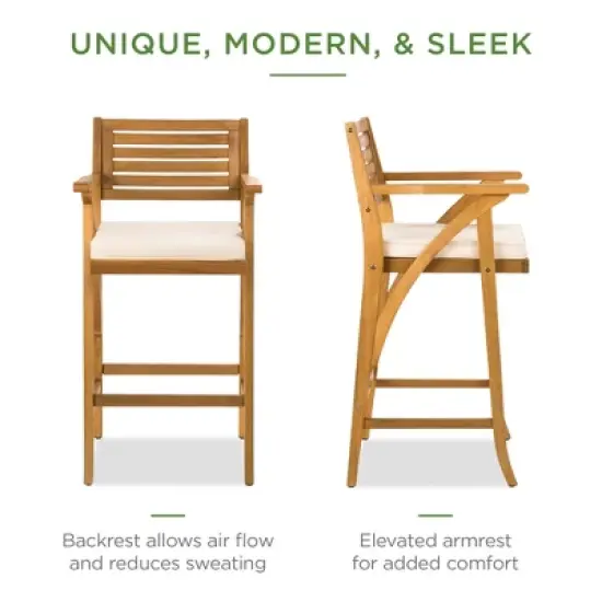 Best Choice Products Set of 2 Outdoor Acacia Wood Bar Stools Bar Chairs w/ Weather-Resistant Cushions - Teak Finish image {2}
