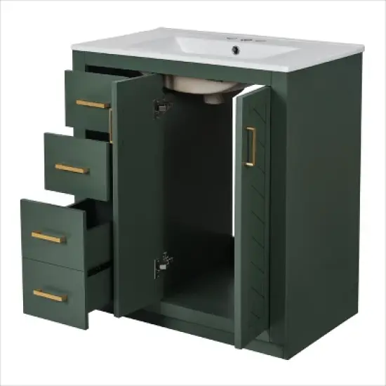 30''W Freestanding Bathroom Vanity with Ceramic Sink, Solid Wood Frame Storage Cabinet with 3 Drawers & Soft Closing Doors - ModernLuxe image {8}