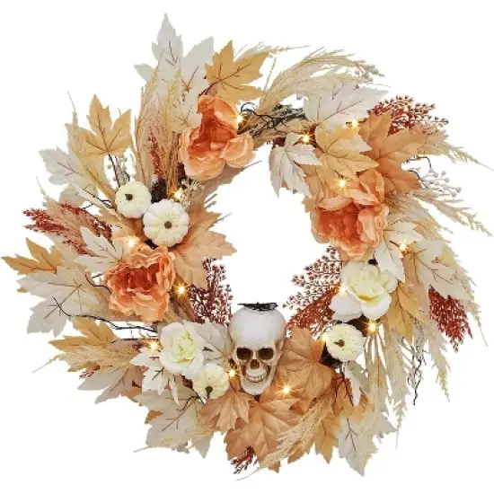 22 Inch Wreath with White Pumpkins Rose Maple Leaves for Indoor Outdoor Wall Window Front Door Porch Mantle Halloween Decoration image {1}