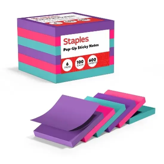 Staples Stickies Pop-Up Notes Assorted Bold Colors 3" x 3" 6 Pads/PK 565444 image {5}