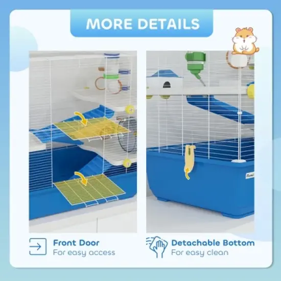 PawHut Hamster Cage, 4 Tier Small Animal Cage Rat Cage with Tunnel Tube System, Hut, Exercise Wheel, Water Bottle, Food Dish, for Syrian, Gerbil, Blue image {4}