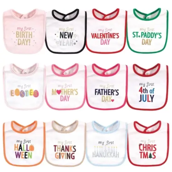 Hudson Baby Infant Girl Cotton Bibs 12pk, Holiday Bold Girl, One Size image {2}