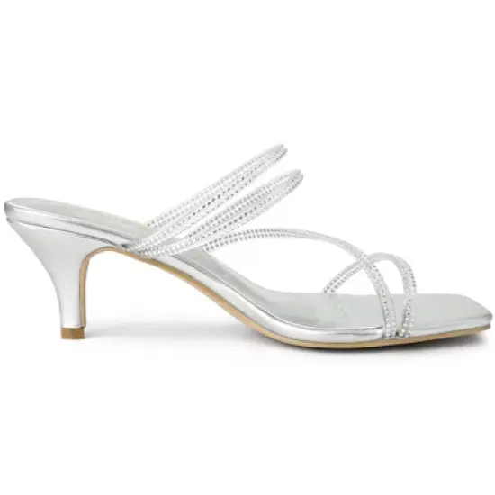 Allegra K Women's Rhinestone Strappy Kitten Heel Slide Heels Sandals image {5}