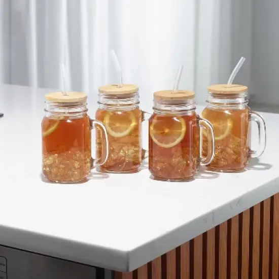 4PC Glass Jars with Bamboo Lids and Straw, 16oz Mason Jar Drinking Glasses &ndash; Reusable Tumbler Set for Cold Beverages image {3}