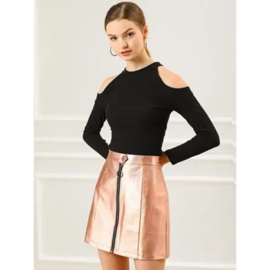 Allegra K Women's Metallic Shiny Holographic High Waist Zipper Mini Skirts image {2}