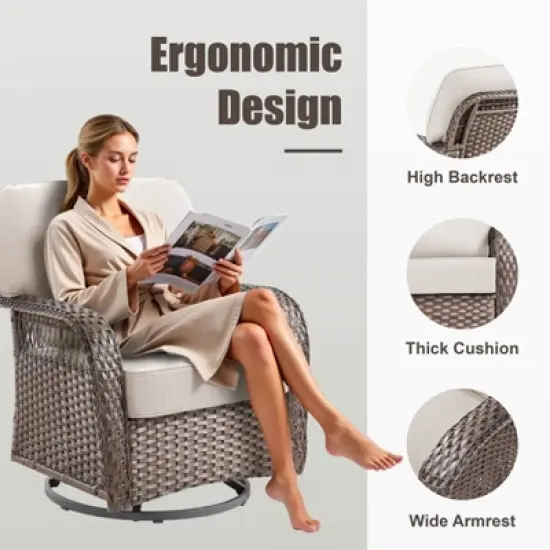 Buenhomino Outdoor Patio Wicker Swivel Rocking Chairs Set of 2, Beige Cushions image {5}