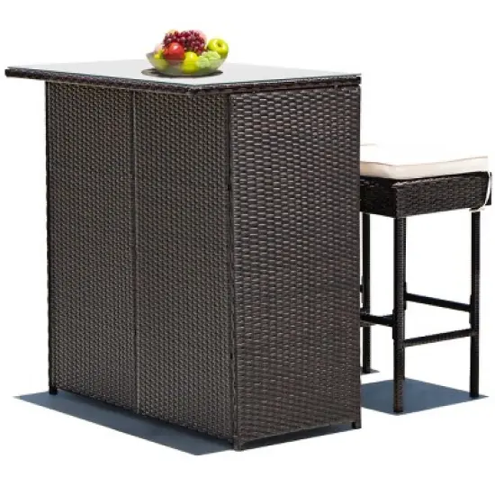 Costway 3PCS Patio Rattan Wicker Bar Table Stools Dining Set Cushioned Chairs Garden image {7}
