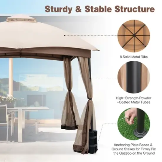 Costway 10x10 FT 2-Tier Patio Gazebo Canopy Netting Heavy-Duty Metal Easy-Setup Outdoor image {6}