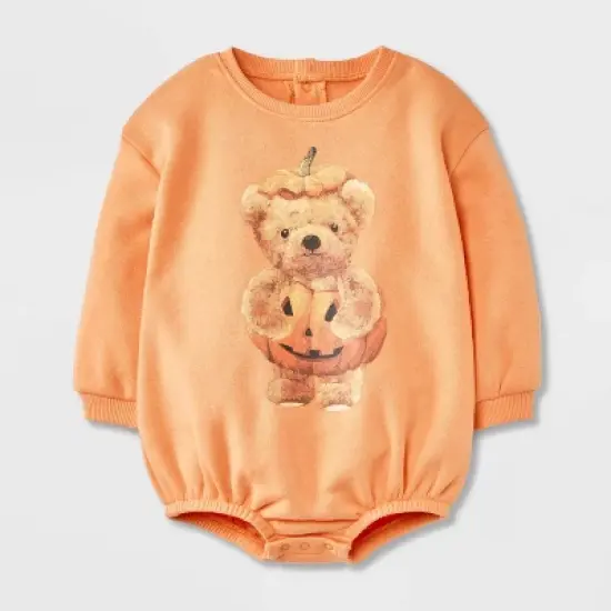 Baby Teddy Bear Halloween Pumpkin Long Sleeve Romper - Orange image {4}