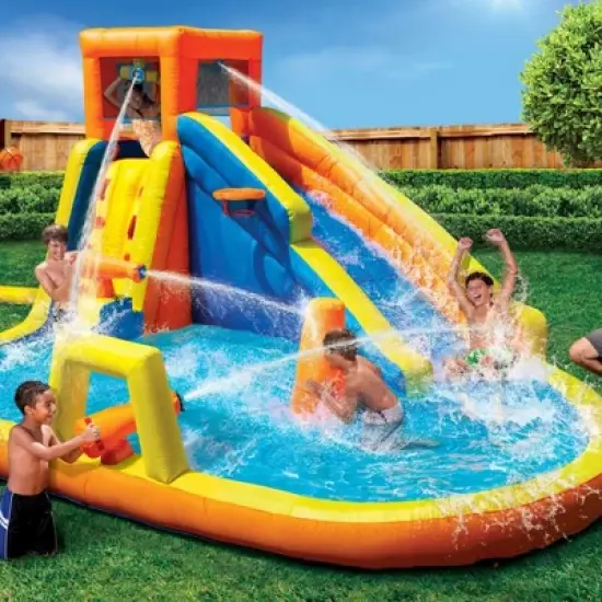 Banzai Battle Blast Adventure Park Inflatable Outdoor Activity Center w/Blower, Slide, Climbing Wall, Water Cannons, Barricades, and Basketball Hoop image {1}