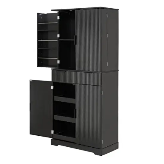 Gulches 72" Parisian Elegance Fluted Kitchen Pantry Cabinet - 3 Keyboard Drawers, 6 Door Shelves (1 Adjustable), Freestanding Storage, Black image {10}