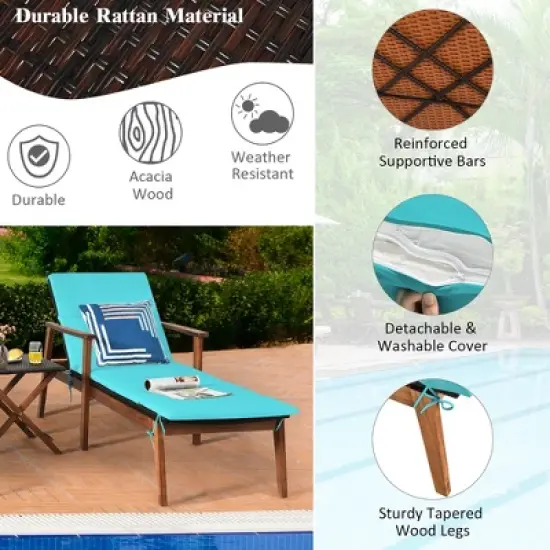 Costway 3PCS Patio Rattan Lounge Chair Folding Table Set Chaise Wood Cushioned White\Turquoise image {5}