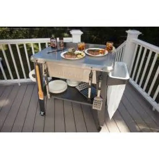 Cuisinart Outdoor Stainless Steel Prep Table: Mobile Kitchen Cart with Trash Bag Holder, Paper Towel Rack, Lower Shelf image {3}