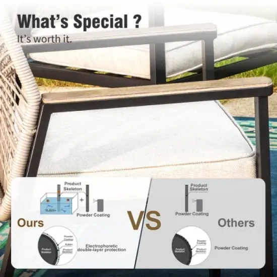 Captiva Designs 7pc Outdoor Dining Rectangular Slat-top Steel Table with Umbrella Hole & Beige Rattan Fixed Chairs image {8}