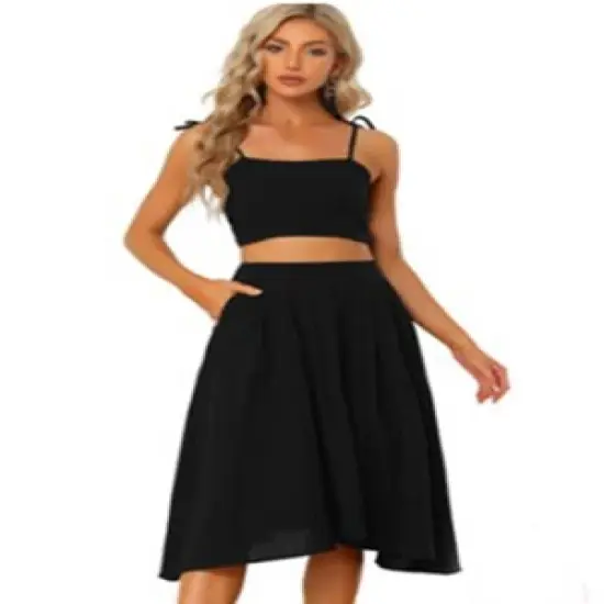 Allegra K Women's Two Pieces Spaghetti Strap Outfits Cami Crop Top Elastic Waist Swing Skirt Sets image {5}