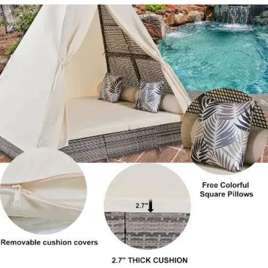 Zevemomo Outdoor Daybed with Colorful Pillows, Rattan Wicker Patio Sunbed Furniture Seating with Soft Cushions for Poolside Backyard, Brown Beige image {5}