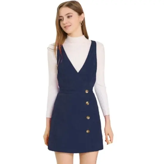 Allegra K Women's Corduroy Mini V Neck Vintage A-Line Bib Overall Pinafore Skirts image {9}