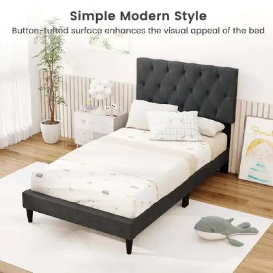Costway Twin/Full/Queen Size Bed Frame with Button-Tufted Headboard & Wooden Slats Easy Assembly image {9}