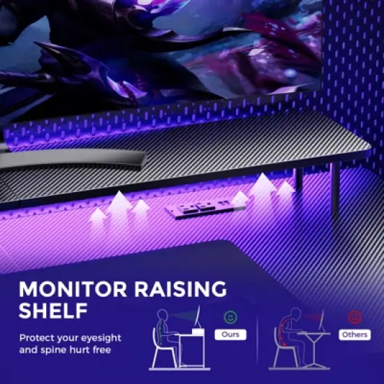 GTRACING 55 Inch Gaming Desk with LED Lights & Power Outlet, Computer Gamer Desk with Monitor Stand, Headphone Hook & Mouse Pad image {4}