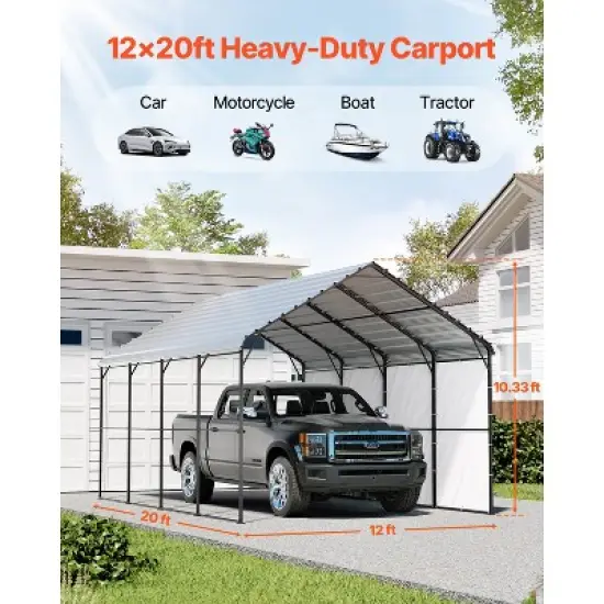 VEVOR Heavy Duty Metal Carport, 12' x 20' Outdoor Carport with Galvanized Steel Frame & Roof, Car Tent Garage Shade with Removable Sidewalls image {2}