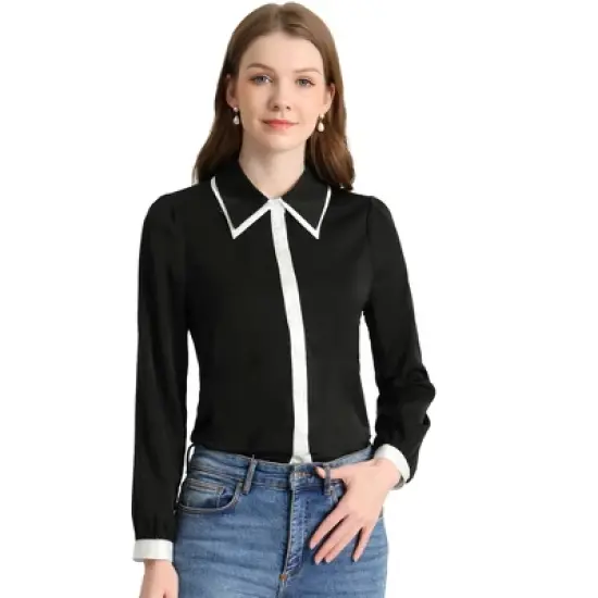 Allegra K Women's Contrast Collar Long Sleeve Office Button Down Shirts image {6}